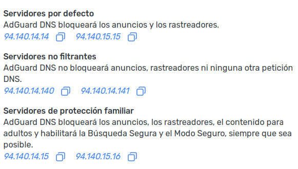 Servidores DNS de Adguard
