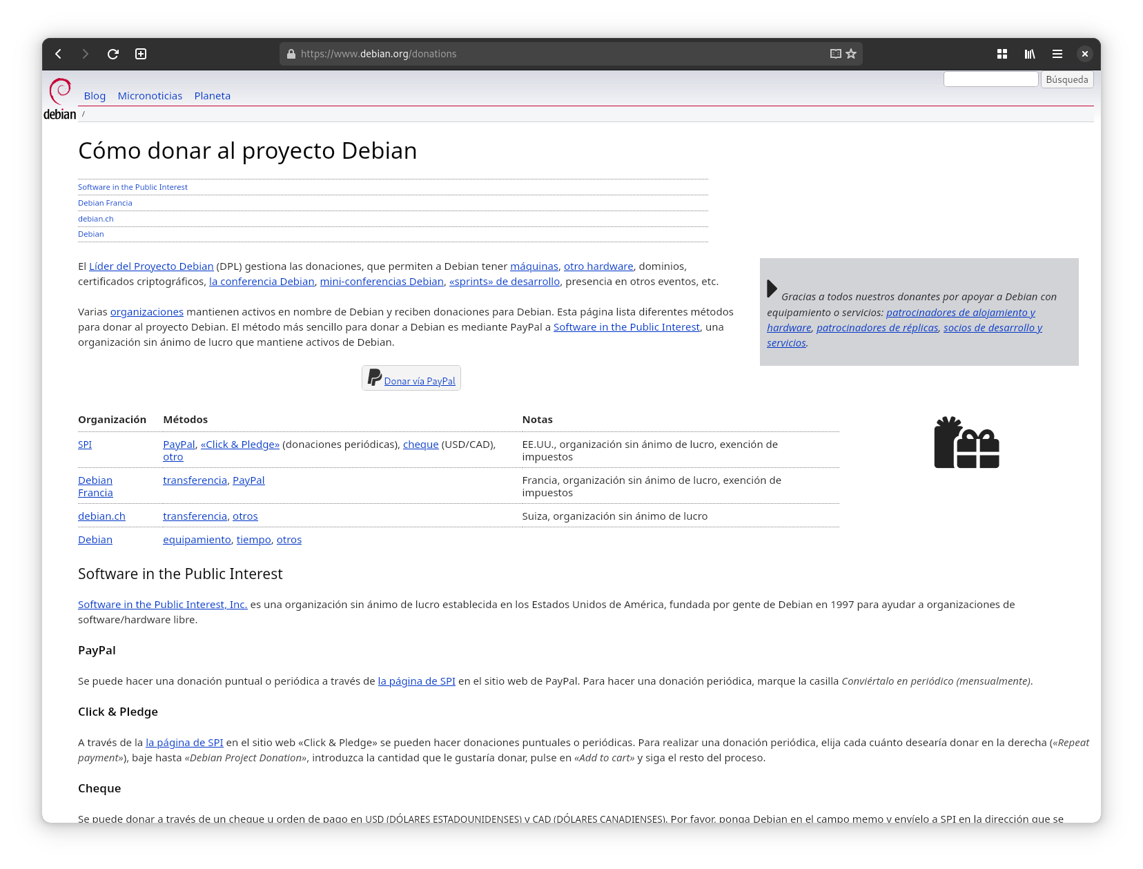 Web de donación de Debian