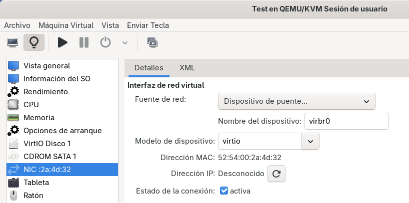 Configuración de red de la máquina virtual