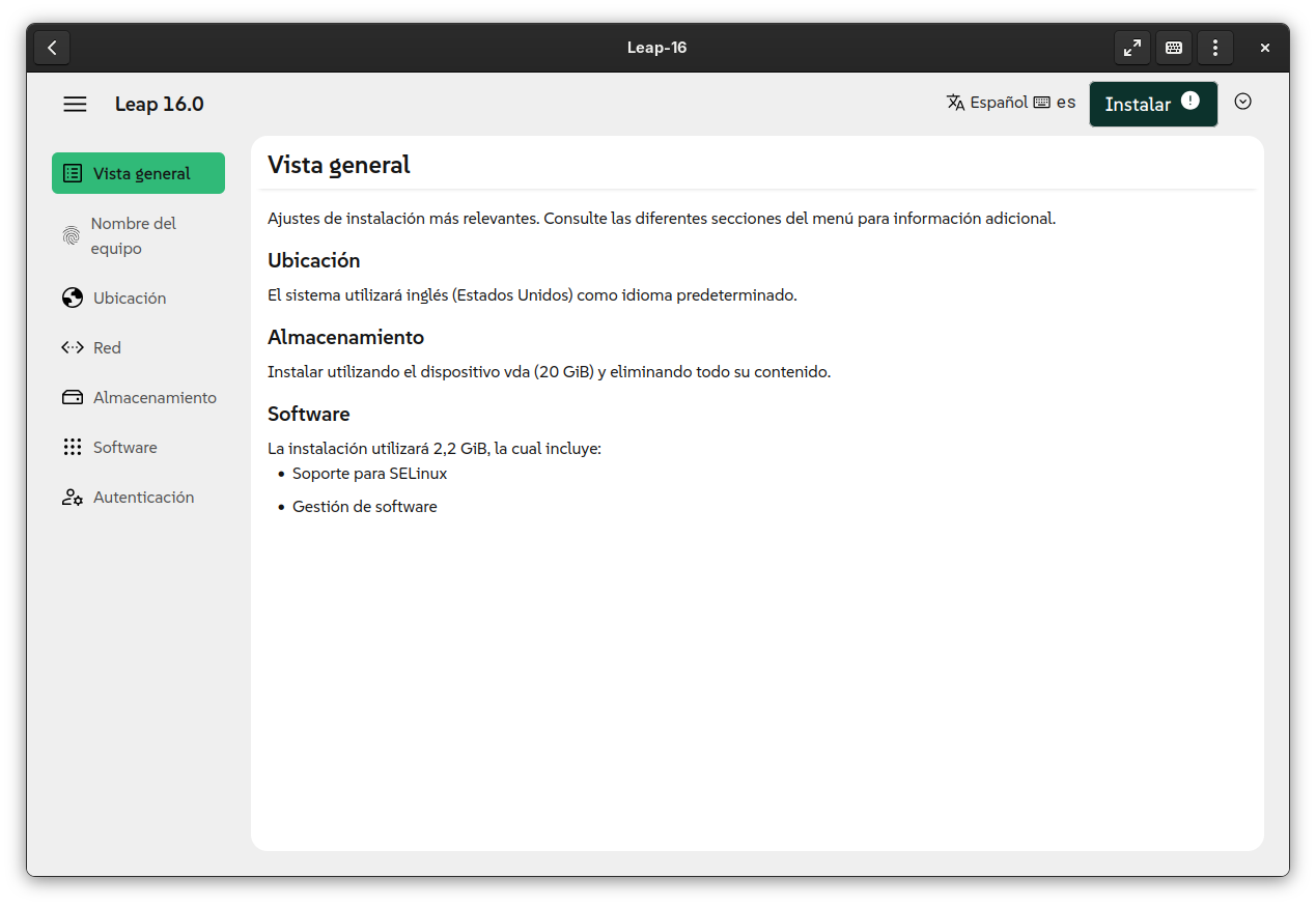 Opciones de instalación