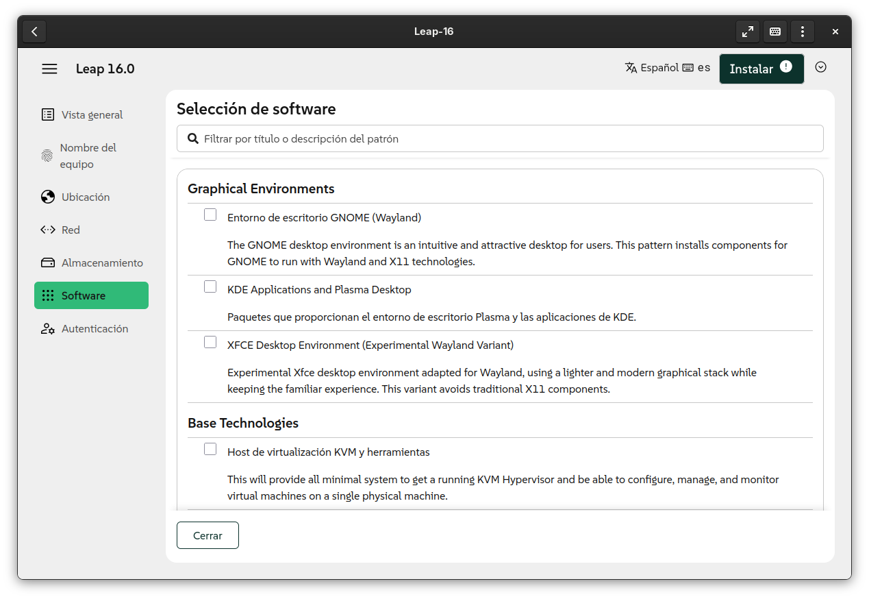 Selección de entorno