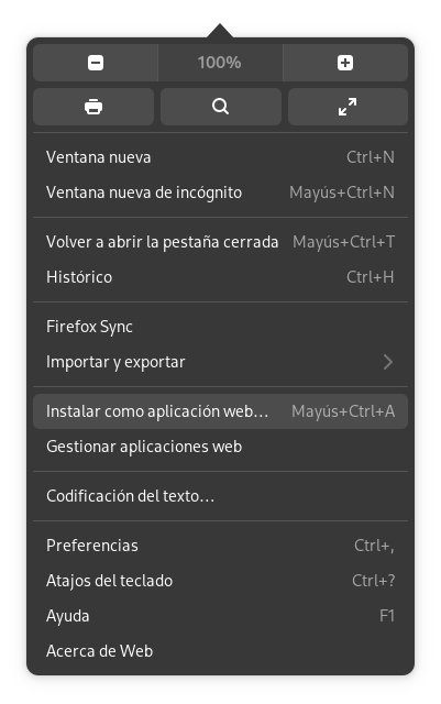 Menu de Gnome Web