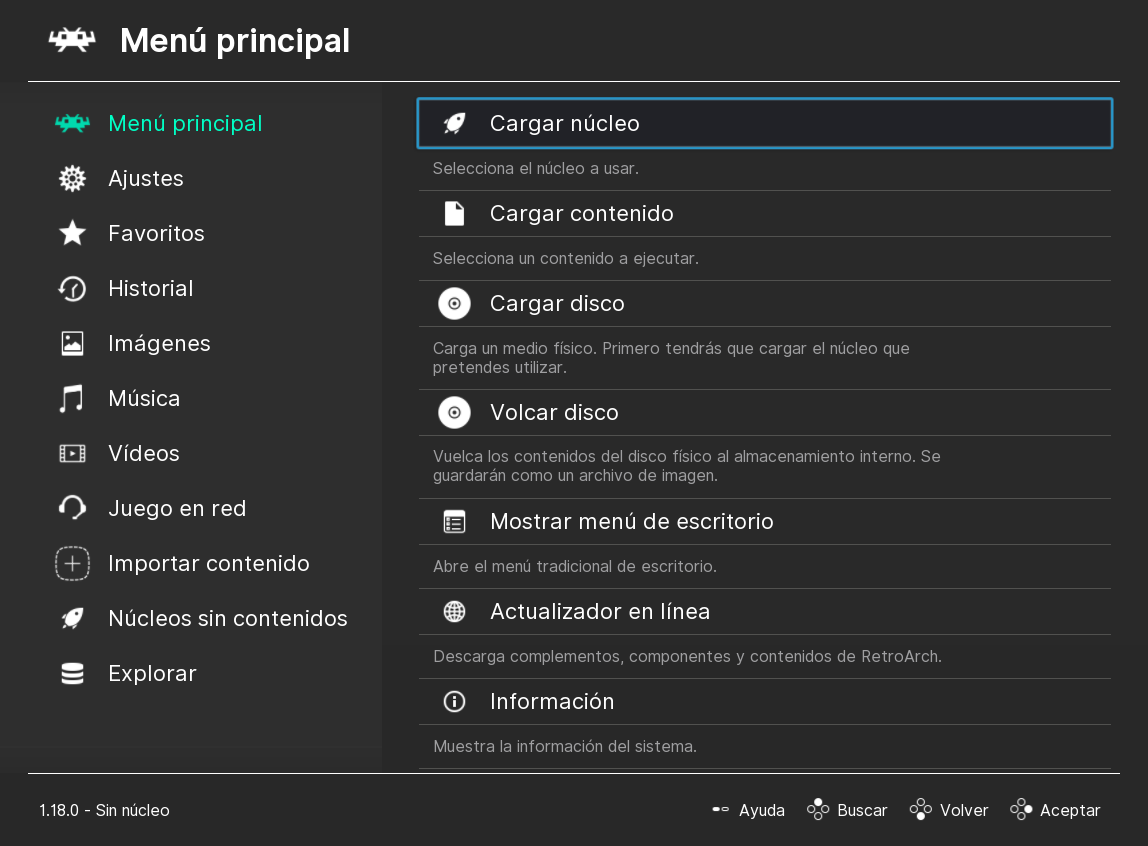 Pantalla inicial de RetroArch