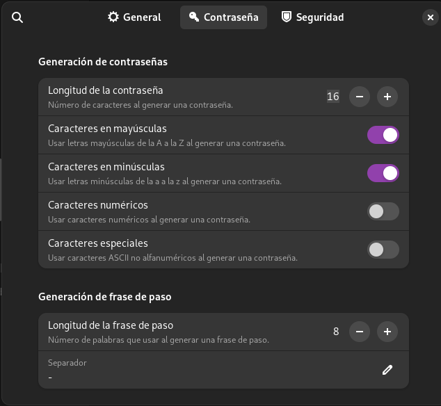 Opciones del generador de contraseñas